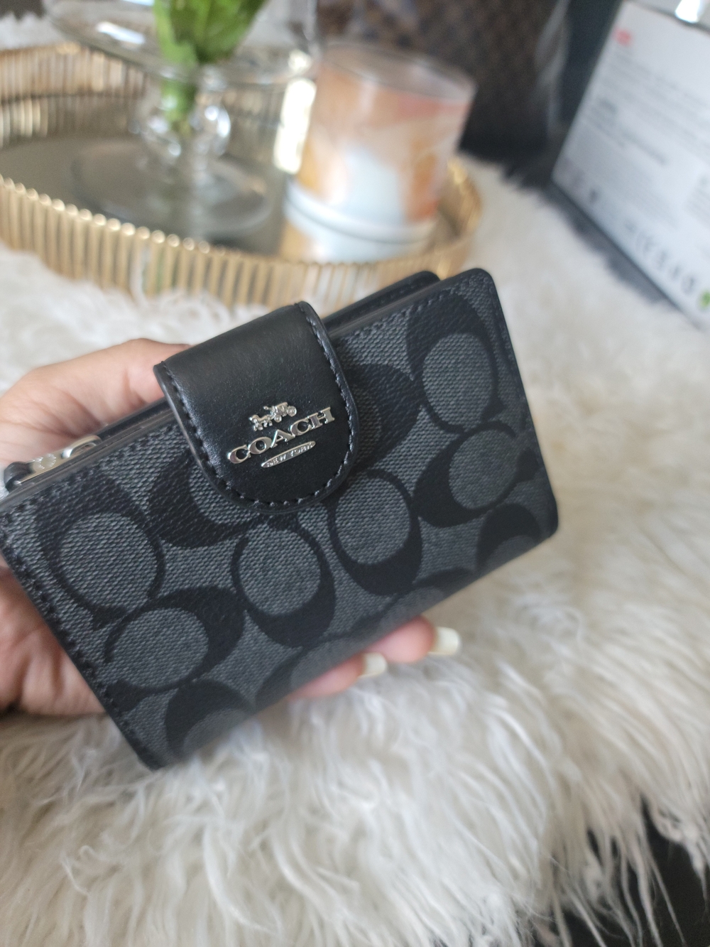 Coach Black Signature Medium Corner Zip Wallet Black Smoke